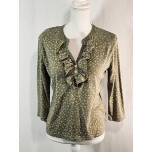 Chaps Denim Womens Large Olive Green Floral Ruffle V-Neck Button Top Cotton L